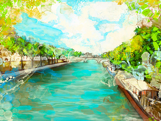 A LITTLE STROLL ALONG THE SEINE EMBELLISHED FINE ART PRINT